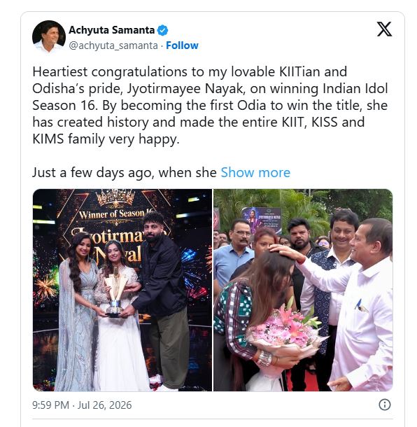 Achyuta Samanta Congratulates KIITian Jyotirmayee Nayak on Historic Indian Idol Season 16 Victory